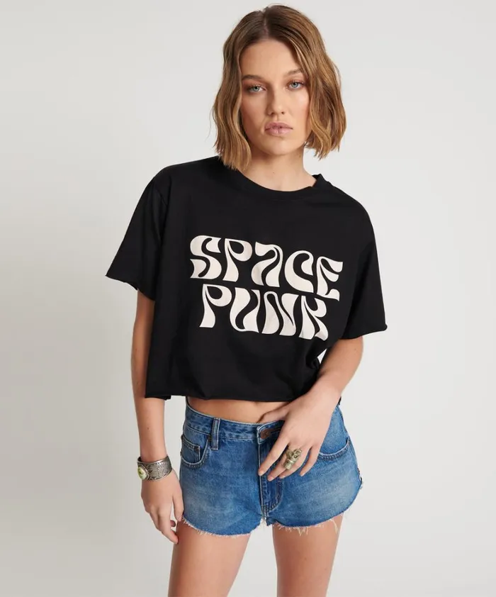 One Teaspoon Tees and Tanks BLACK CROPPED SPACE PUNK TEE 8211 Women