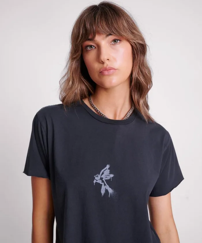 One Teaspoon Tees and Tanks BLACK GRAFFITI BIRD SPLIT HEM TEE 8211 Women One Teaspoon Tees and Tanks BLACK GRAFFITI BIRD SPLIT HEM TEE 8211 Women