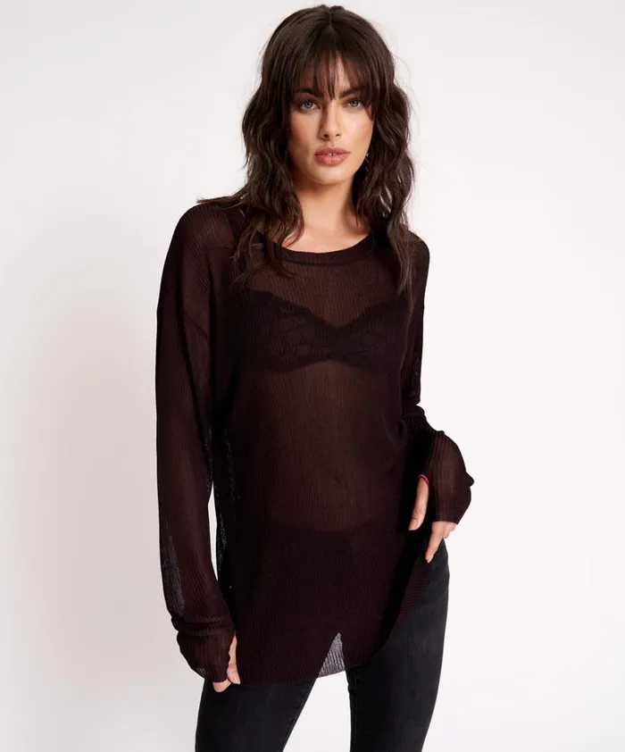One Teaspoon Tops AMITY SHEER RIB KNIT TOP BLACK 8211 Women
