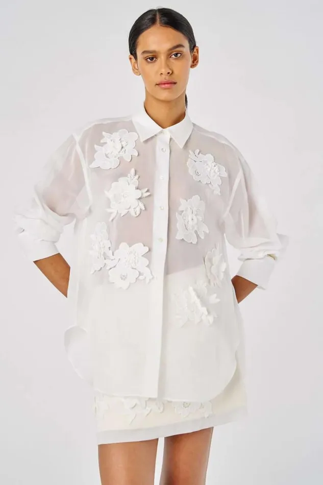 Oroton Tops Women Lace Flower Sheer Overshirt Antique White