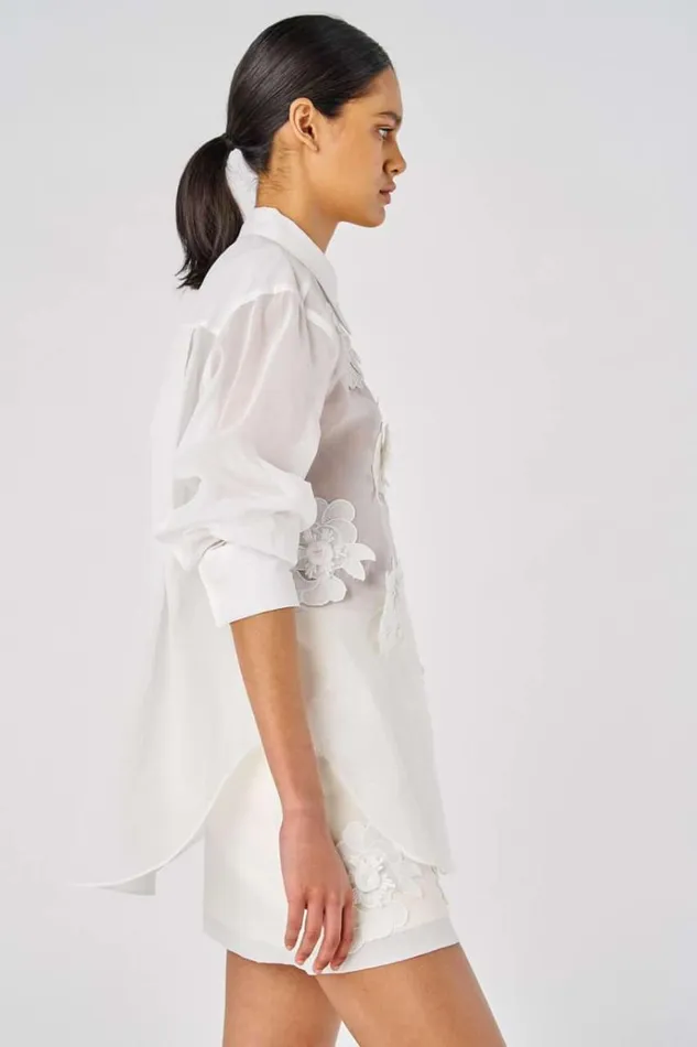 Oroton Tops Women Lace Flower Sheer Overshirt Antique White