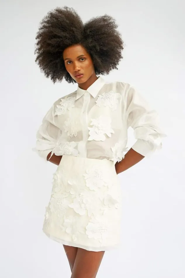 Oroton Tops Women Lace Flower Sheer Overshirt Antique White