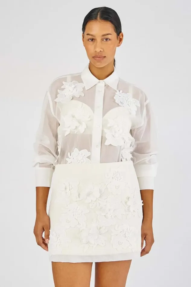 Oroton Tops Women Lace Flower Sheer Overshirt Antique White
