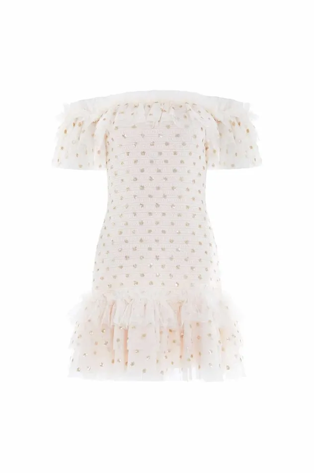 Polka Dot Smocked Micro Mini Dress Champagne Women Needle and Thread Dresses