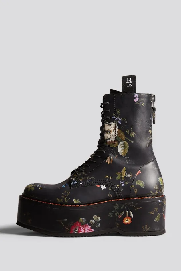 R13 Boots Women DOUBLE STACK BOOT 8211 BLACK FLORAL COMBAT BOOTS