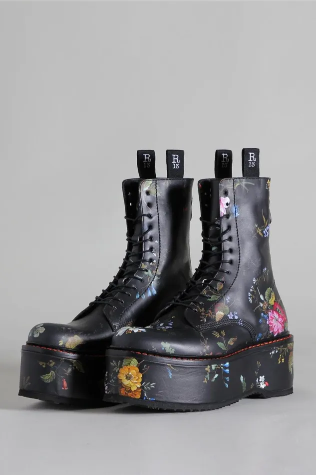 R13 Boots Women DOUBLE STACK BOOT 8211 BLACK FLORAL COMBAT BOOTS