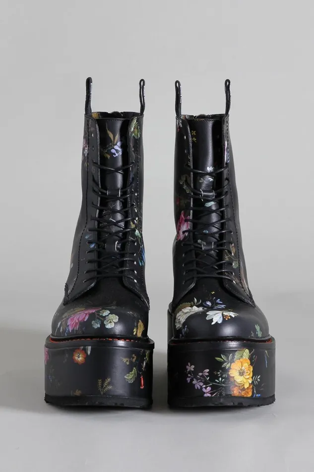 R13 Boots Women DOUBLE STACK BOOT 8211 BLACK FLORAL COMBAT BOOTS