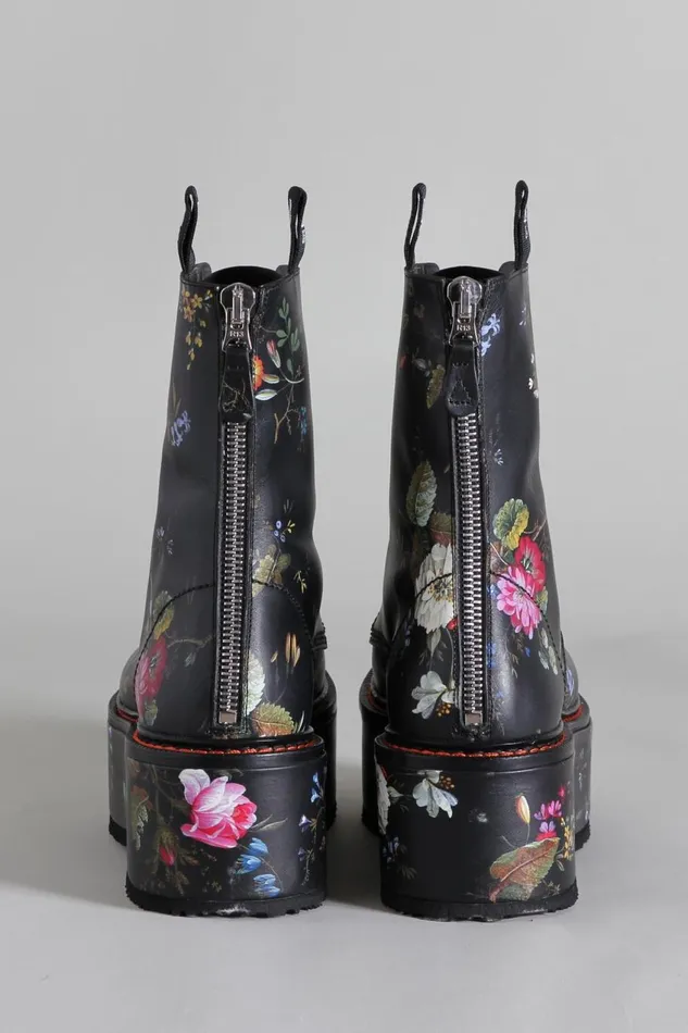 R13 Boots Women DOUBLE STACK BOOT 8211 BLACK FLORAL COMBAT BOOTS