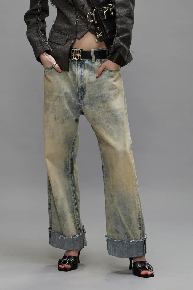 R13 Boyfriend Women CUFFED XBOYFRIEND JEANS 8211 VINTAGE ASH BLUE
