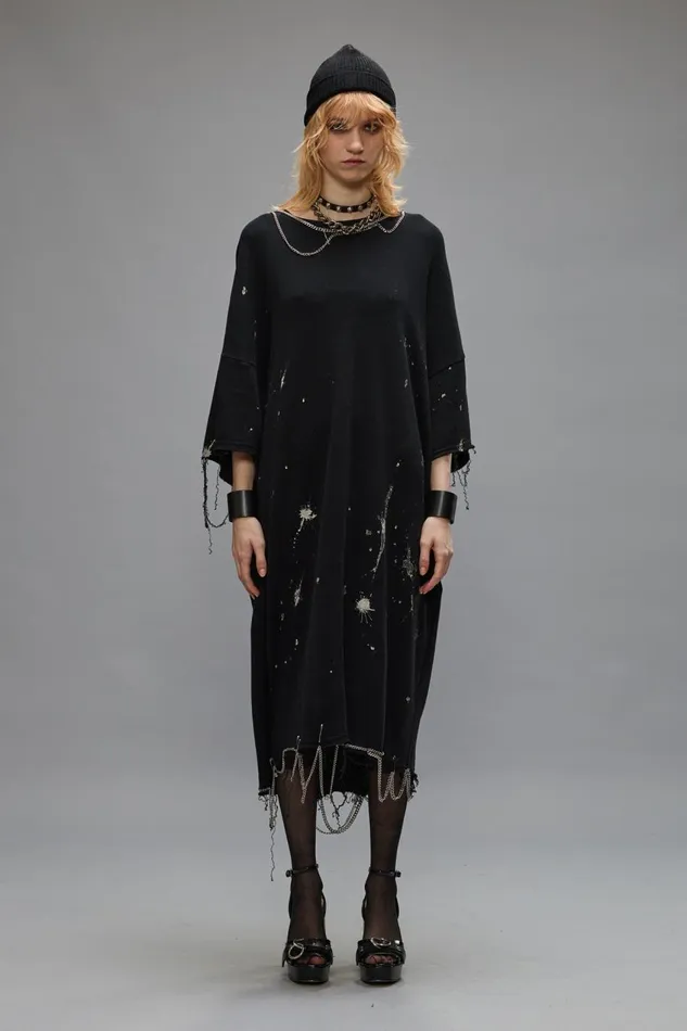 R13 Dresses and Skirts Women CHAIN EMBELLISHED SHIRTDRESS 8211 SPLATTERED BLACK