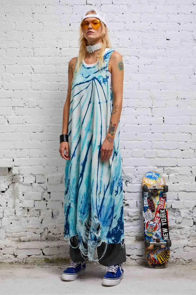 R13 Dresses and Skirts Women DESTROYED KNIT TANK DRESS 8211 BLUE TIEDYE