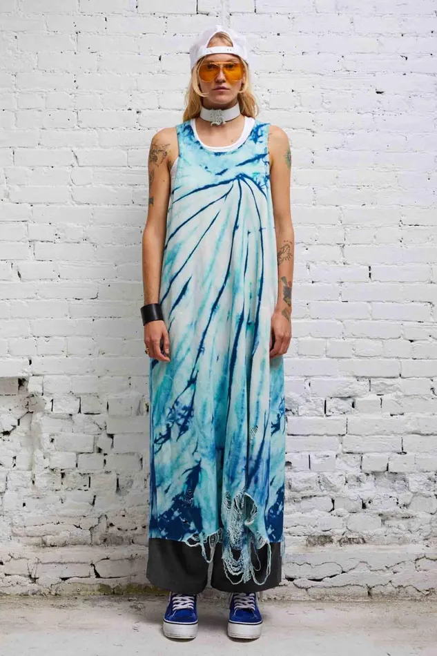 R13 Dresses and Skirts Women DESTROYED KNIT TANK DRESS 8211 BLUE TIEDYE