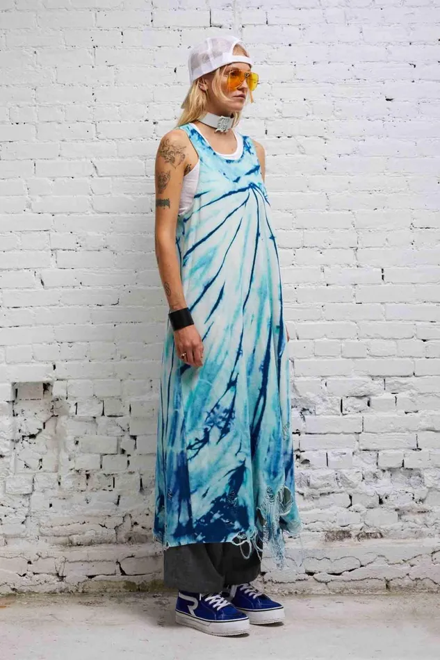 R13 Dresses and Skirts Women DESTROYED KNIT TANK DRESS 8211 BLUE TIEDYE