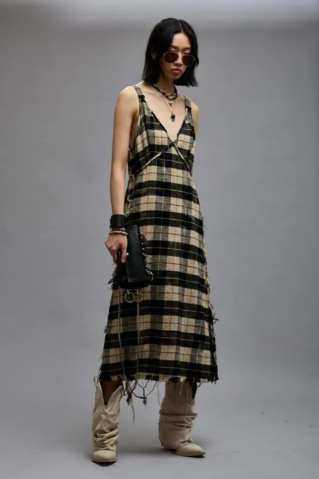 R13 Dresses and Skirts Women GRUNGE SLIP 8211 BLEACHED ECRU PLAID