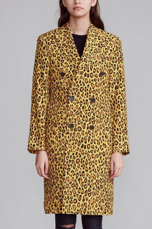 R13 Jackets and Coats Women Peak Lapel Double Breasted Coat 8211 Yellow Leopard