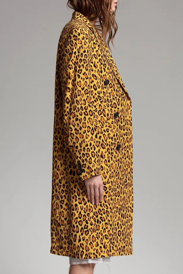 R13 Jackets and Coats Women Peak Lapel Double Breasted Coat 8211 Yellow Leopard