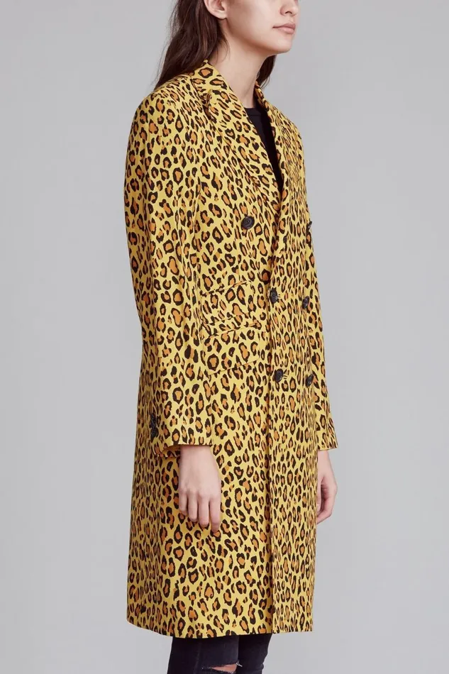 R13 Jackets and Coats Women Peak Lapel Double Breasted Coat 8211 Yellow Leopard