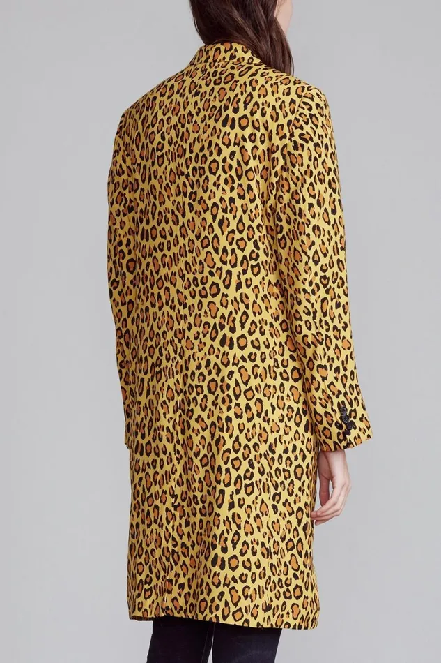 R13 Jackets and Coats Women Peak Lapel Double Breasted Coat 8211 Yellow Leopard