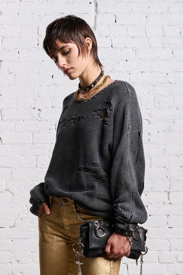 R13 Sale Women BOYFRIEND CREWNECK 8211 ACID BLACK