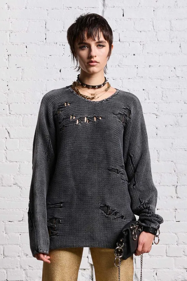 R13 Sale Women BOYFRIEND CREWNECK 8211 ACID BLACK