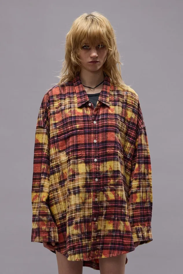 R13 Sale Women DROP NECK WORKSHIRT 8211 OVERDYED PINK W IRREGULAR BLEACH PLAID