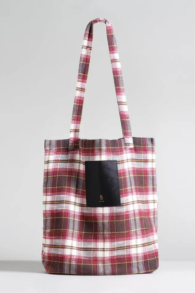 R13 Sale Women MEDIUM TOTE BAG 8211 ECRUMAROON PLAID