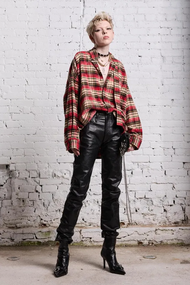 R13 Sale Women OVERSIZED BELT COLLAR SHIRT 8211 BLEACHED RED PLAID