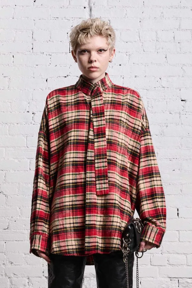 R13 Sale Women OVERSIZED BELT COLLAR SHIRT 8211 BLEACHED RED PLAID