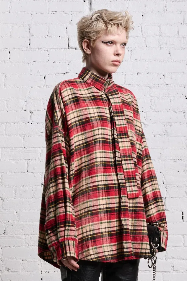 R13 Sale Women OVERSIZED BELT COLLAR SHIRT 8211 BLEACHED RED PLAID