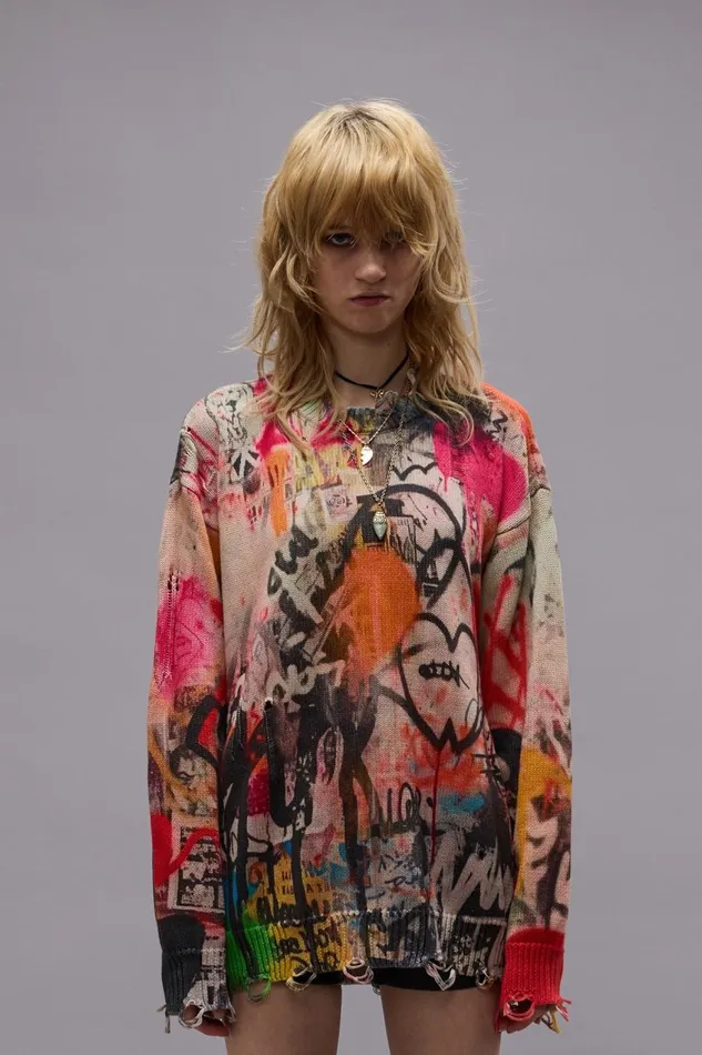 R13 Sale Women PRINTED BOYFRIEND SWEATER 8211 HEART GRAFFITI PRINT