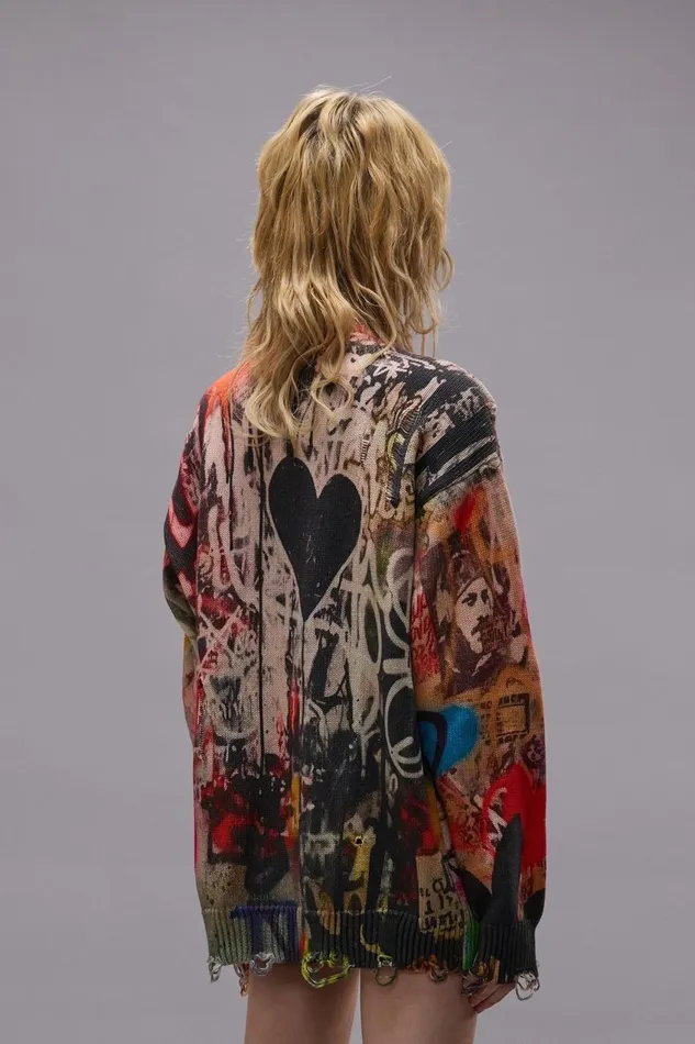 R13 Sale Women PRINTED BOYFRIEND SWEATER 8211 HEART GRAFFITI PRINT
