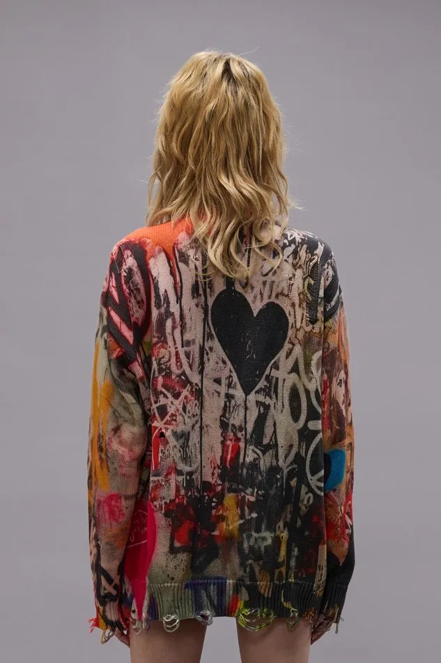 R13 Sale Women PRINTED BOYFRIEND SWEATER 8211 HEART GRAFFITI PRINT