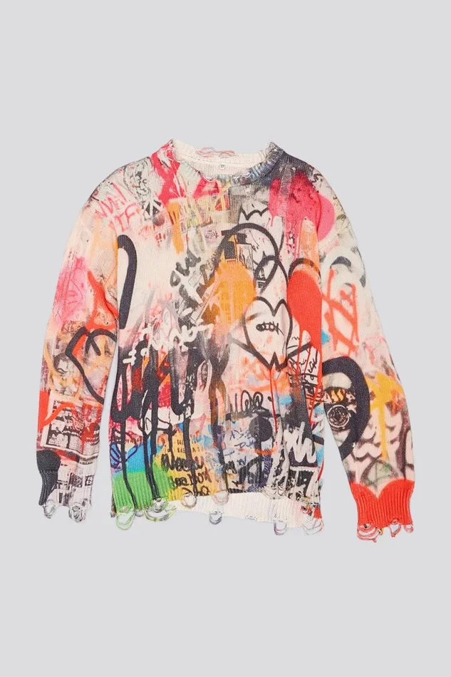 R13 Sale Women PRINTED BOYFRIEND SWEATER 8211 HEART GRAFFITI PRINT
