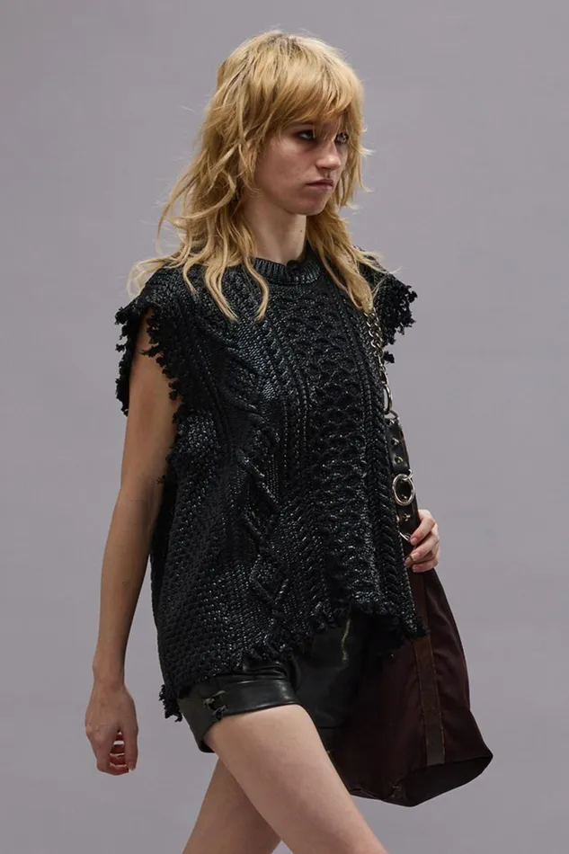 R13 Sweaters Women BOYFRIEND CABLE SWEATER VEST 8211 COATED BLACK