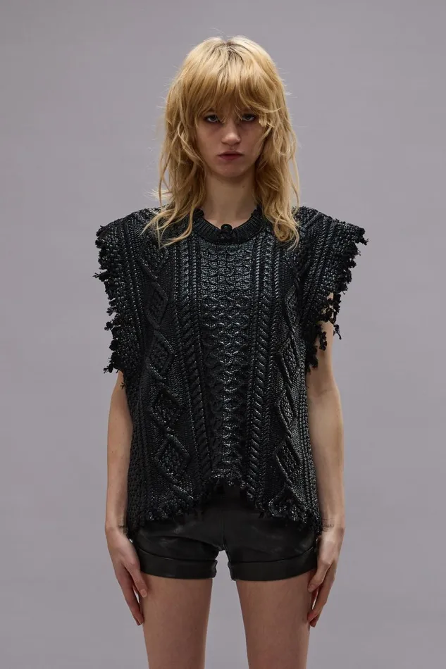 R13 Sweaters Women BOYFRIEND CABLE SWEATER VEST 8211 COATED BLACK