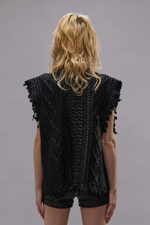 R13 Sweaters Women BOYFRIEND CABLE SWEATER VEST 8211 COATED BLACK
