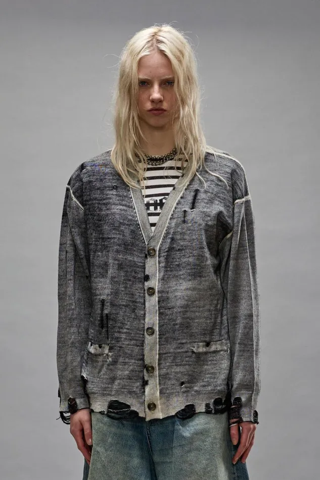 R13 Sweaters Women BOYFRIEND CARDIGAN 8211 DISTRESSED BLACK