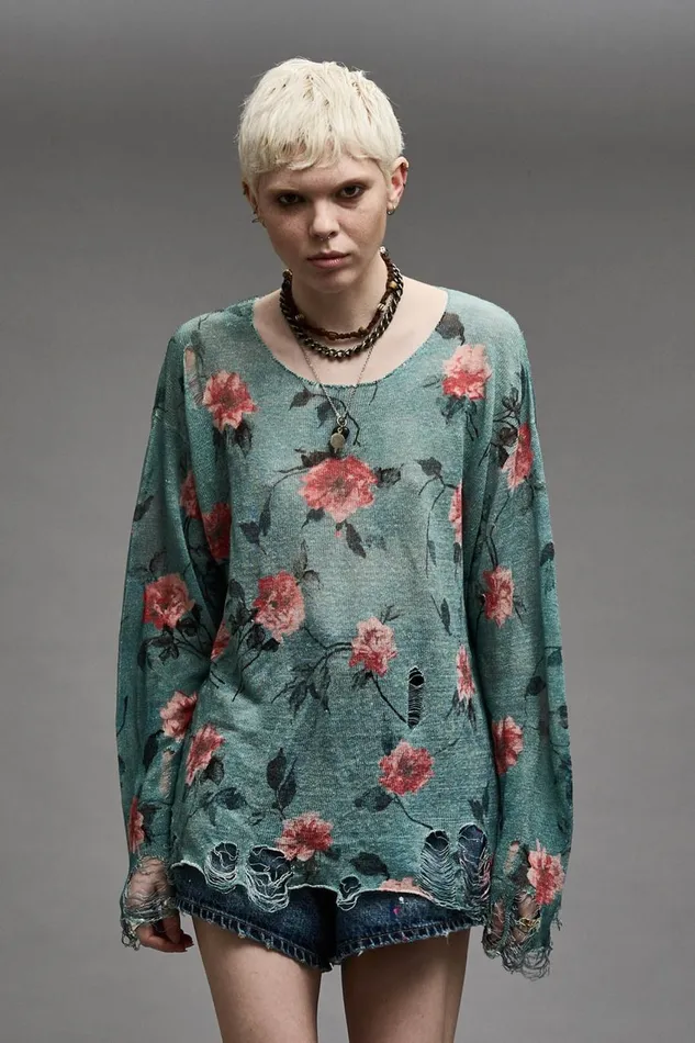R13 Sweaters Women CASTOFF NECK BOYFRIEND SWEATER 8211 BLUE FLORAL