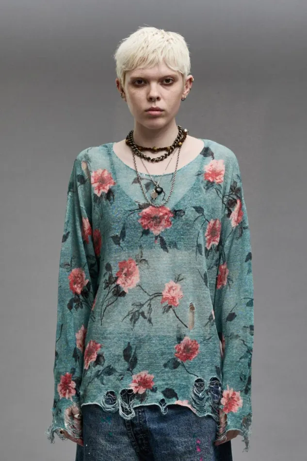 R13 Sweaters Women CASTOFF NECK BOYFRIEND SWEATER 8211 BLUE FLORAL