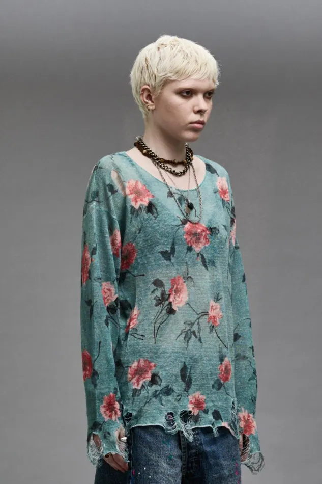 R13 Sweaters Women CASTOFF NECK BOYFRIEND SWEATER 8211 BLUE FLORAL