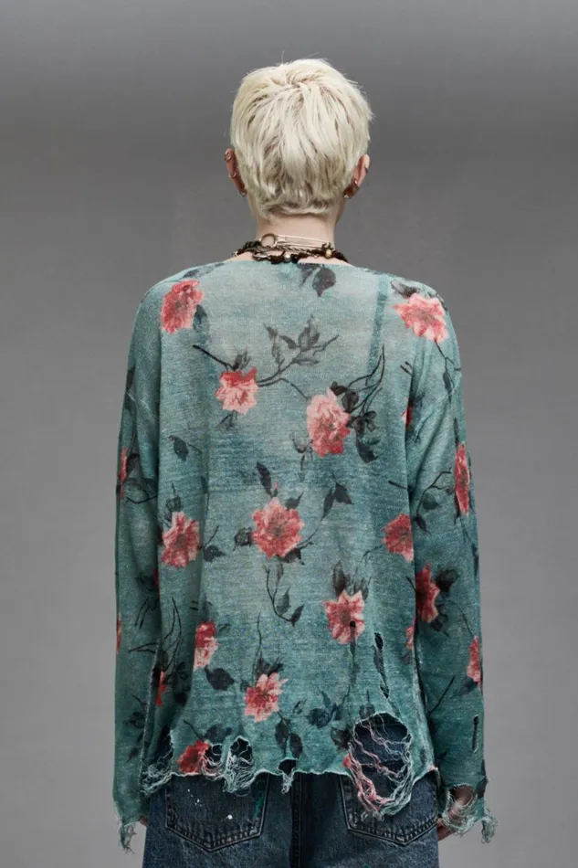 R13 Sweaters Women CASTOFF NECK BOYFRIEND SWEATER 8211 BLUE FLORAL