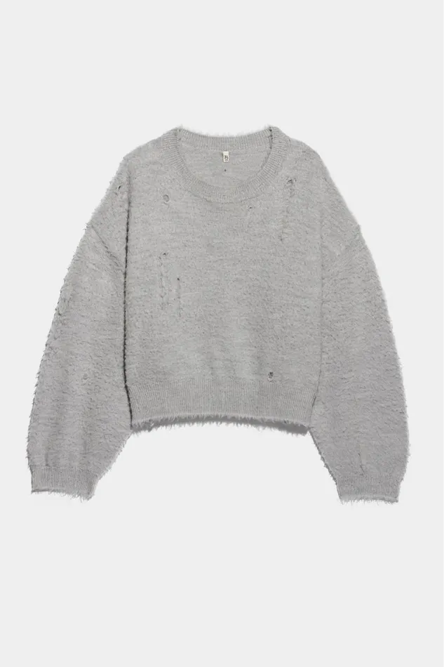 R13 Sweaters Women CROPPED SHAGGY OVERSIZED SWEATER 8211 HEATHER GREY