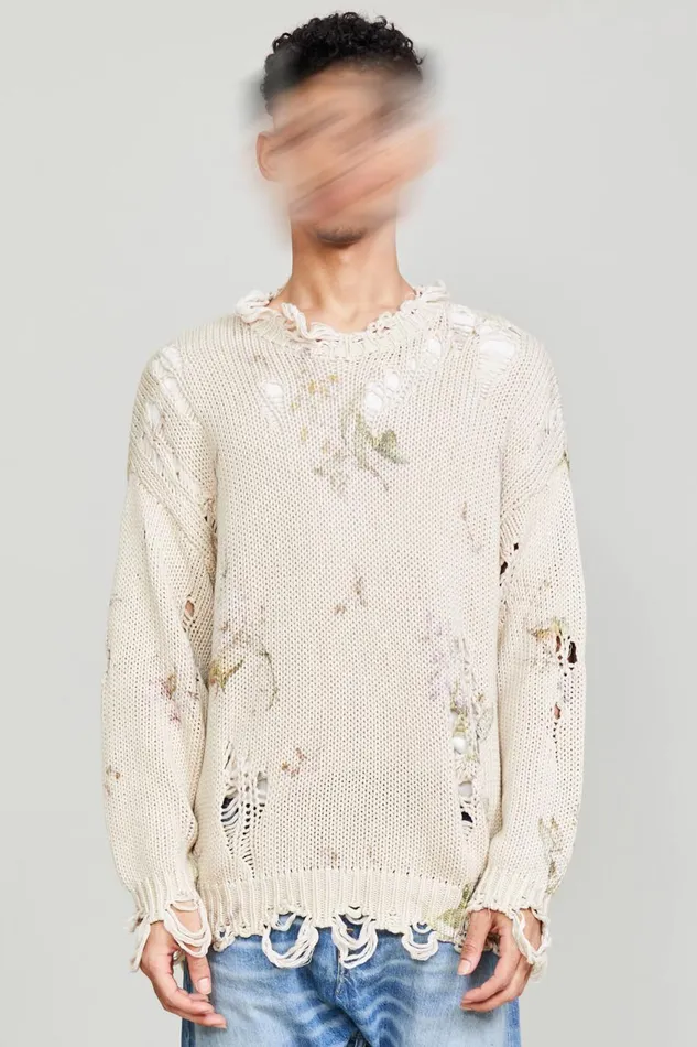 R13 Sweaters Women DISTRESSED OVERSIZED SWEATER 8211 FLORAL ON KHAKI
