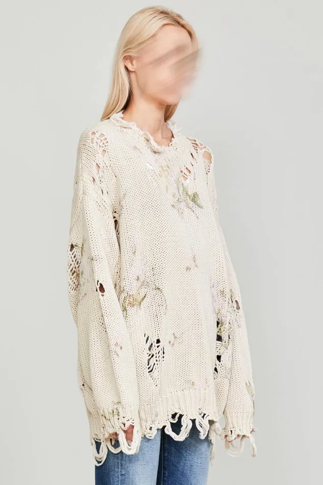 R13 Sweaters Women DISTRESSED OVERSIZED SWEATER 8211 FLORAL ON KHAKI