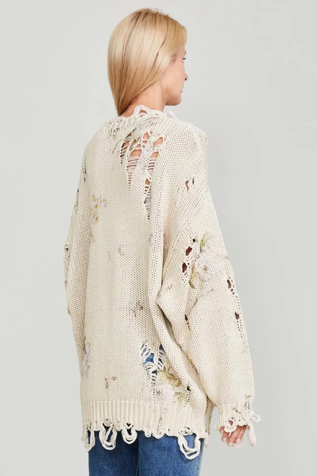 R13 Sweaters Women DISTRESSED OVERSIZED SWEATER 8211 FLORAL ON KHAKI