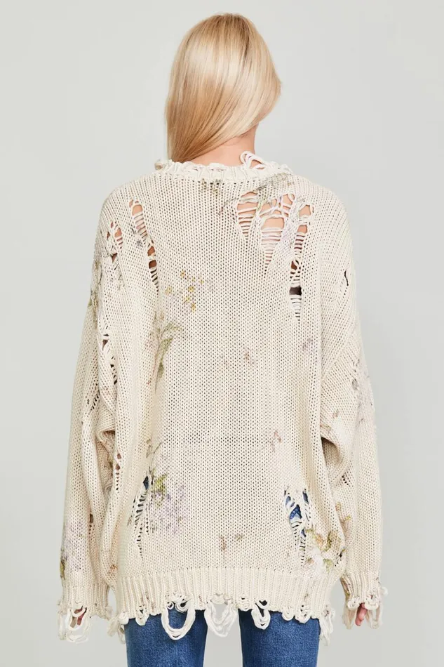 R13 Sweaters Women DISTRESSED OVERSIZED SWEATER 8211 FLORAL ON KHAKI