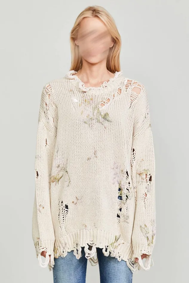 R13 Sweaters Women DISTRESSED OVERSIZED SWEATER 8211 FLORAL ON KHAKI