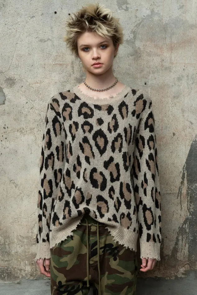 R13 Sweaters Women LEOPARD CASHMERE CREWNECK SWEATER