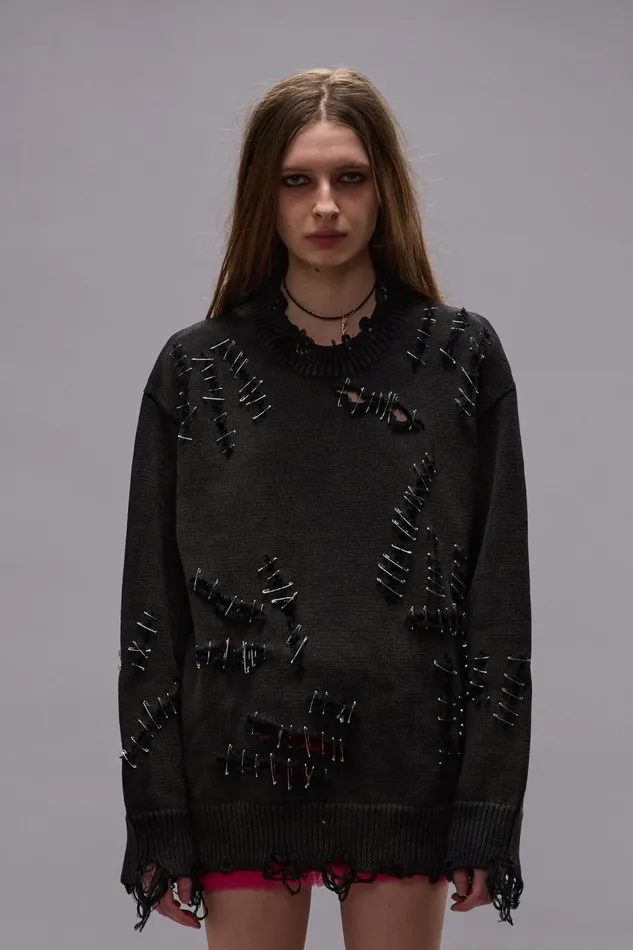 R13 Sweaters Women SLASHED BOYFRIEND SWEATER 8211 BLACK WITH PINS