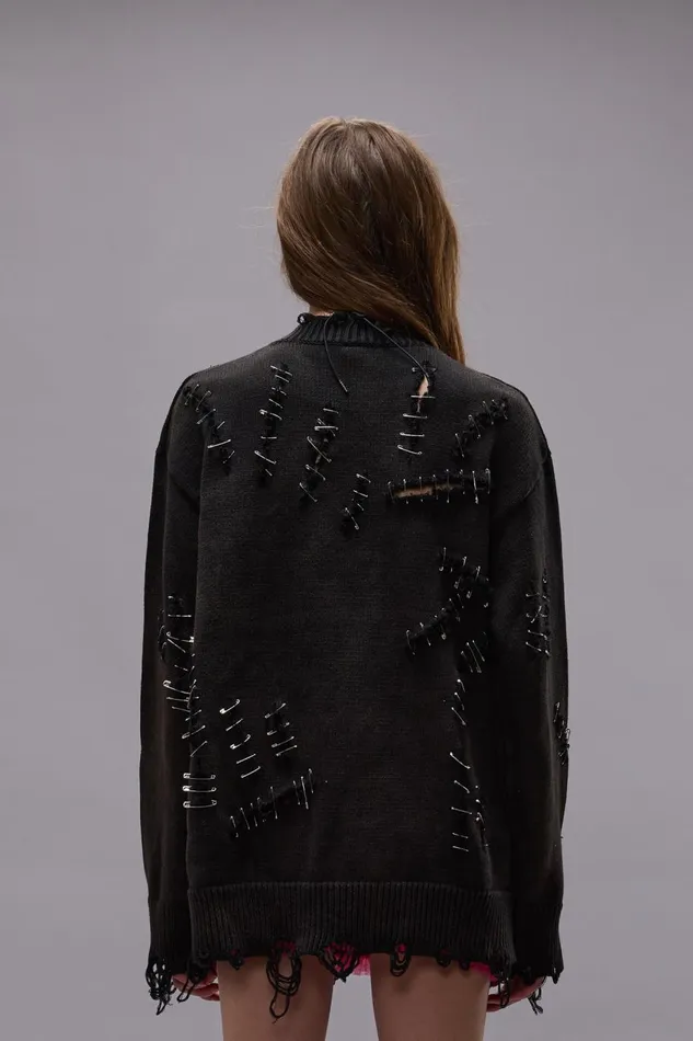R13 Sweaters Women SLASHED BOYFRIEND SWEATER 8211 BLACK WITH PINS